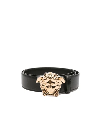 Versace Adjustable Belt Gold-tone Buckle In Black