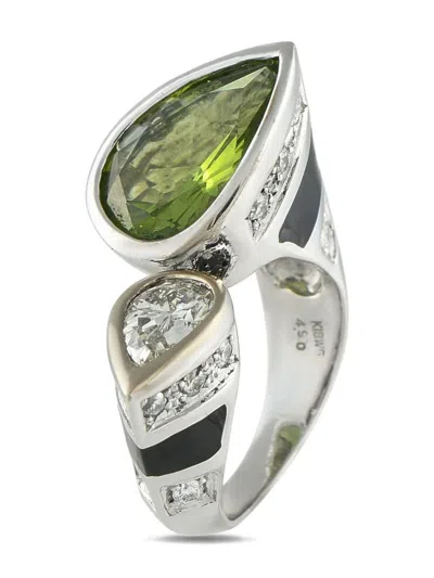 Pre-owned Lb Exclusive 18k White Gold Diamond Peridot Bypass Ring In Silver
