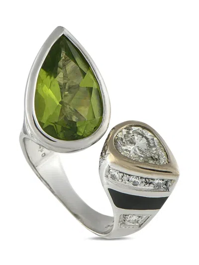 Pre-owned Lb Exclusive 18k White Gold Diamond Peridot Bypass Ring In Silver