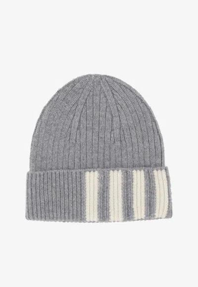 Thom Browne Intarsia Knit 4-bar Stripes Cashmere Beanie In Gray