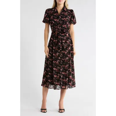 Sandra Darren Puff Sleeve Button Front Midi Dress In Multi