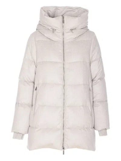 Moorer Hooded Quilted Jacket Zip Pockets In Neutral