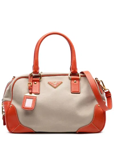 Pre-owned Prada 2000-2025 Cinghial Trimmed Canvas Canapa Satchel In Brown