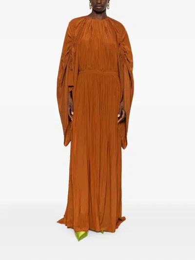 Lanvin Crinkled Satin Ruched Sleeve Gown In Brown