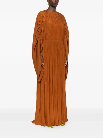 Lanvin Crinkled Satin Ruched Sleeve Gown In Brown