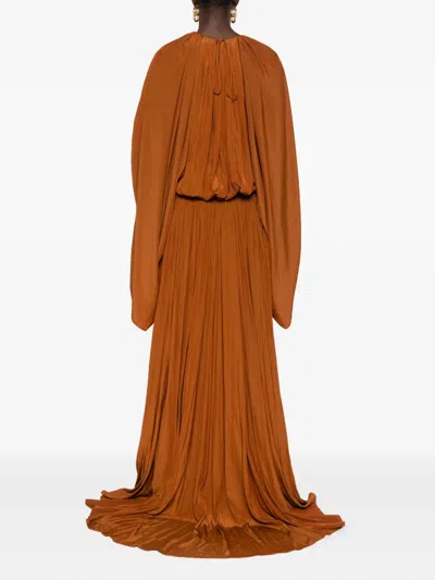 Lanvin Crinkled Satin Ruched Sleeve Gown In Brown
