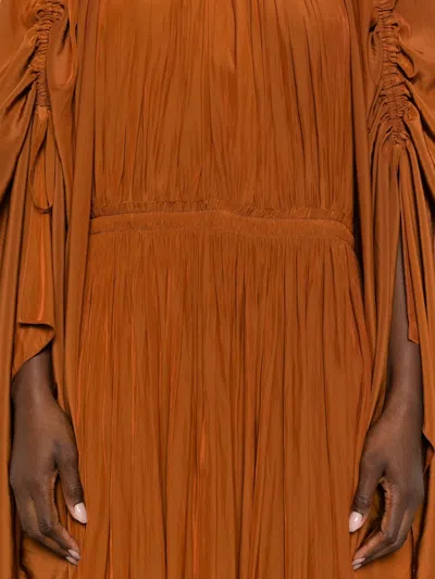 Lanvin Crinkled Satin Ruched Sleeve Gown In Brown