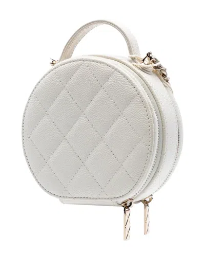 Pre-owned Chanel 2021 Quilted Caviar Handle With Care Round Vanity Case With Chain Satchel In White