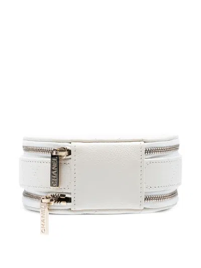 Pre-owned Chanel 2021 Quilted Caviar Handle With Care Round Vanity Case With Chain Satchel In White