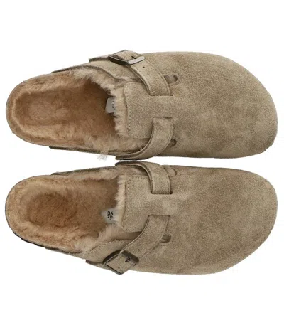 Birkenstock Boston Shearling Suede Slippers In Brown
