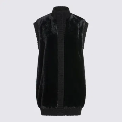 Pinko Genovese Black Sleeveless Vest With High Neck And Ribbed Details In Ecofur Woman In Black