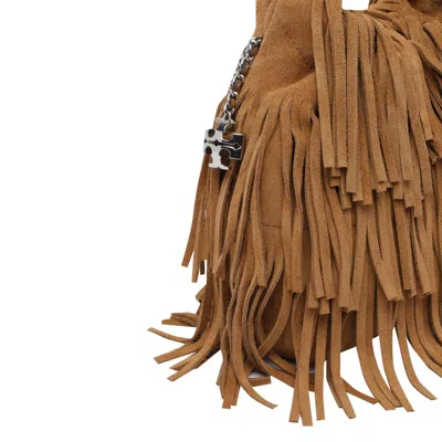 Tory Burch Fleming Small Brown Shoulder Bag With Chain Strap And Fringe Design In Suede Woman In Brown