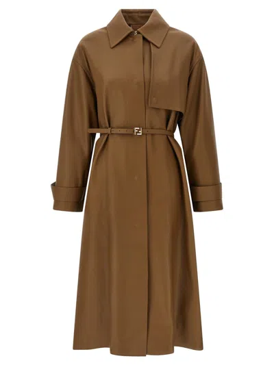 Fendi Long Belted Trench Coat With Pointed Collar In Brown