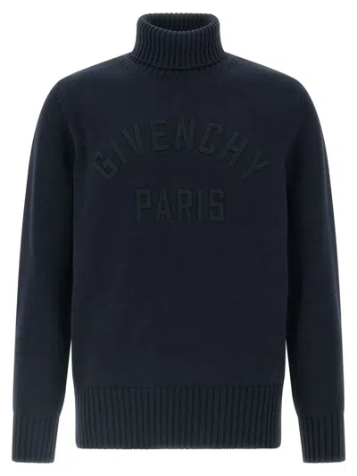 Givenchy Blue Turtleneck Sweater With Logo Lettering On The Front In Wool Man In Blue
