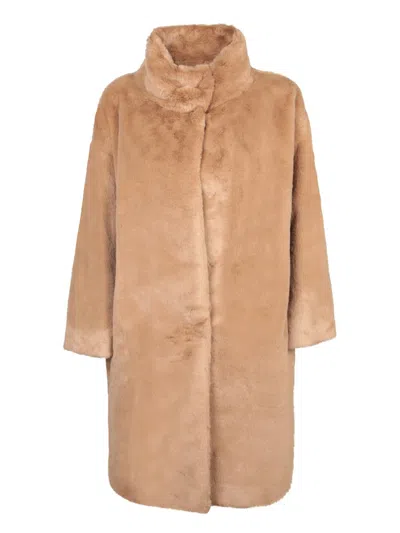 Herno Faux Fur Short Coat With High Collar In Brown