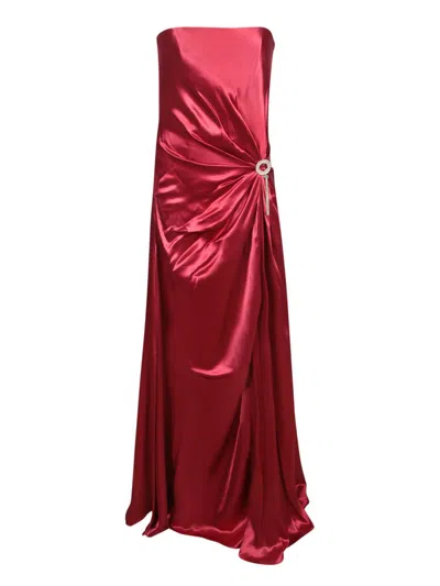Genny Womens Ski Patrol Draped Brooch-embellished Satin Maxi Dress In Burgundy