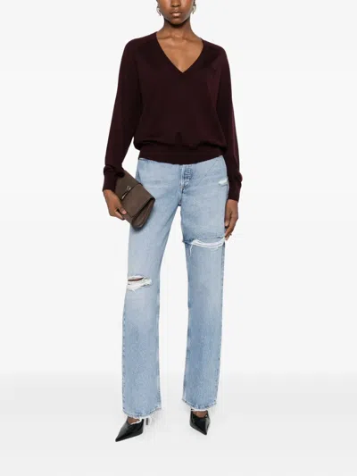 Elisabetta Franchi Maglia Con Scollo A V In Misto Lana In Burgundy