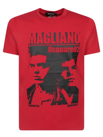 Dsquared2 D2 X Magliano Red Crewneck T-shirt With Maxi Print On The Front In Cotton Man In Multi
