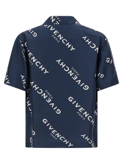 Givenchy Convertible-collar Logo-print Silk-twill Shirt In Blue