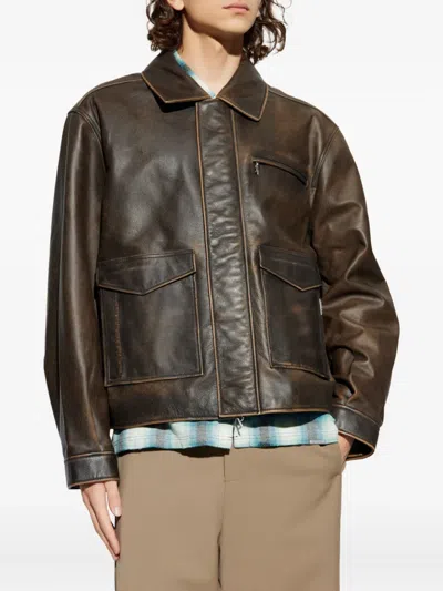 Represent Pocket-zip Leather Jacket In Brown