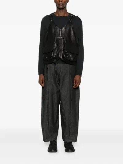 Yohji Yamamoto Pocketed Leather Waistcoat In Black