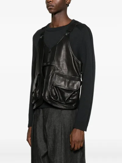 Yohji Yamamoto Pocketed Leather Waistcoat In Black