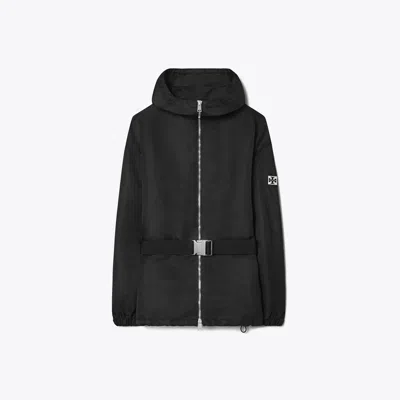 Tory Burch Hooded Full-zip Nylon Jacket With Belt In Black
