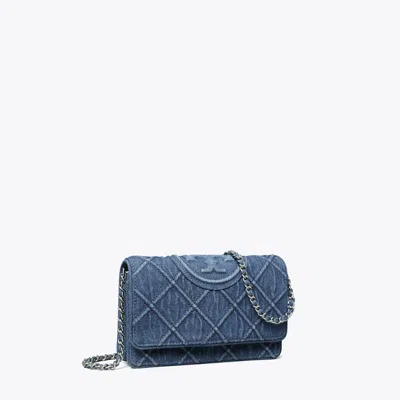 Tory Burch Fleming Soft Denim Wallet On A Chain In Blue