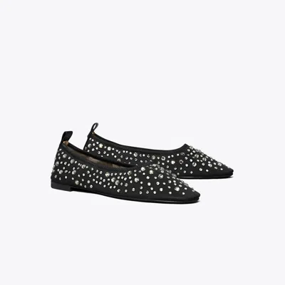 Tory Burch Black Ballet Flats With All-over Crystals Application In Tech Fabric Woman In Black