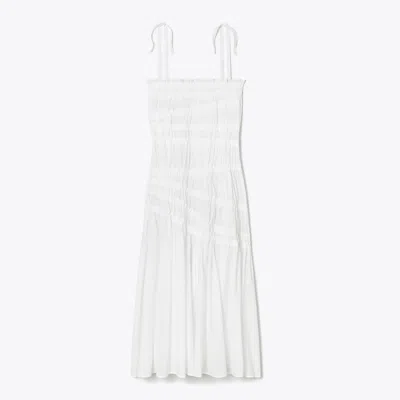 Tory Burch Shoulder Tie Smocked Cotton Dress In White