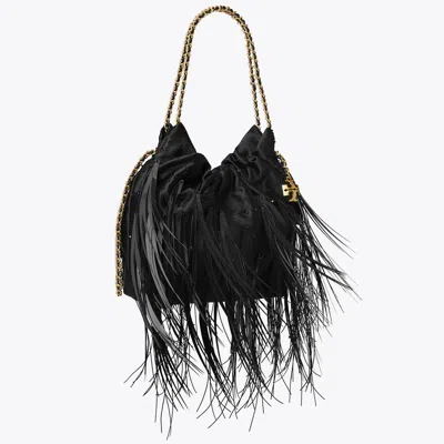 Tory Burch Mini Fleming Feather Drawstring Bag In Black