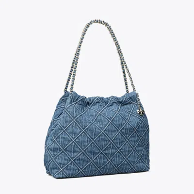 Tory Burch Fleming Soft Quilted Denim Hobo Bag In Blue