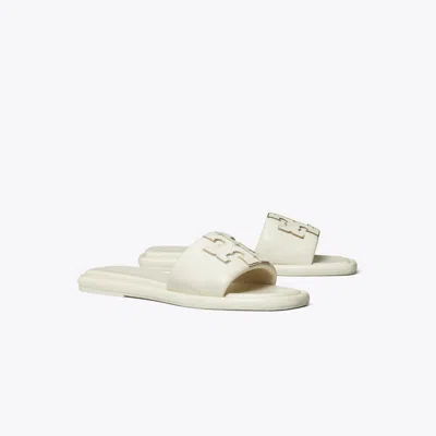 Tory Burch Double T Leather Medallion Slide Sandals In White