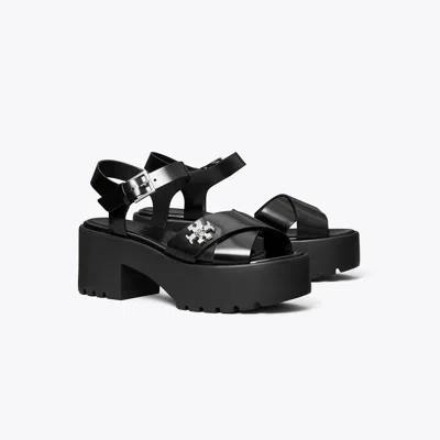 Tory Burch Turnlock Platform Heeled Lug Sandal In Black
