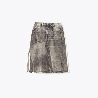 Tory Burch Overprinted Deconstructed Denim Skirt In Gray