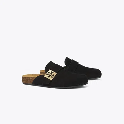 Tory Burch Mellow Black Slip-on Mule With Metallic Logo Buckle In Suede Woman In Black
