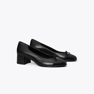 Tory Burch Mixed Leather Cap-toe Ballerina Pumps In Black