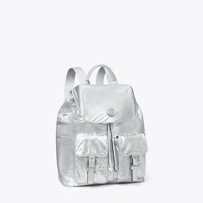 Tory Burch Virginia Metallic Flap Backpack In Silver