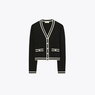 Tory Burch Short Wool Blend Cardigan With Front Pockets In Black