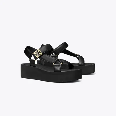 Tory Burch Round Toe Leather Platform Sandals With Ankle Strap In Black