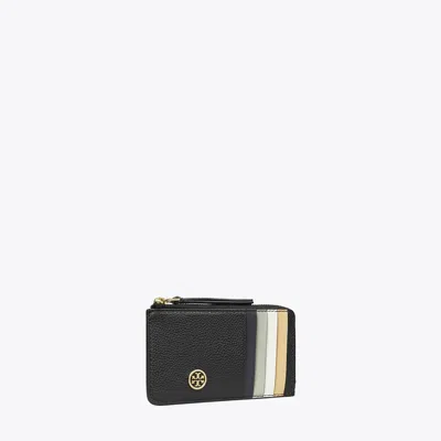 Tory Burch Robinson Pebbled Top-zip Card Case In Black