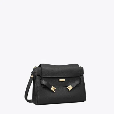 Tory Burch Lee Radziwill Pebble-leather Flap Shoulder Bag In Black