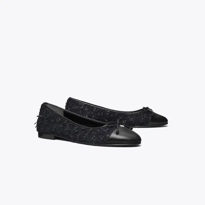 Tory Burch Round Toe Ballerina Shoes With Bow Detail In Black