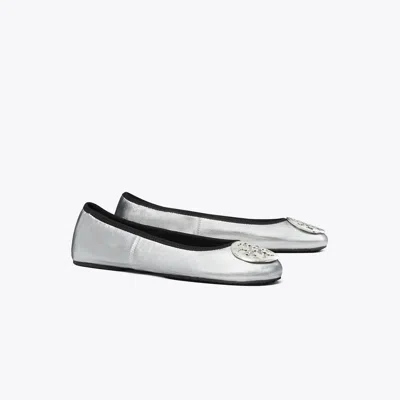Tory Burch Minnie Travel Leather Ballet Flats In Silver