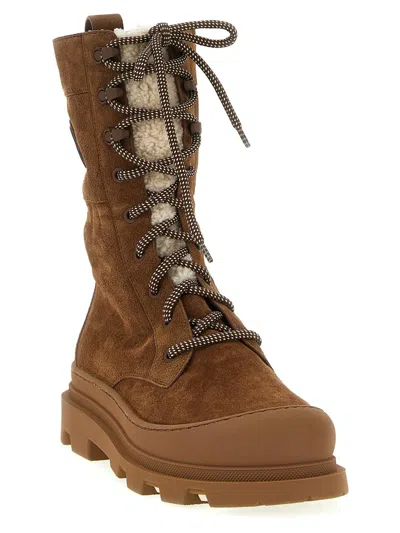 Moncler Vera High Shearling-trimmed Suede Mid-calf Boots In Brown