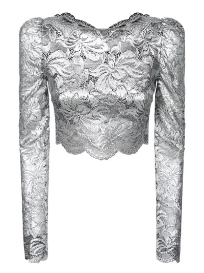 Rabanne Cropped Scalloped Stretch-lace Top In Gray