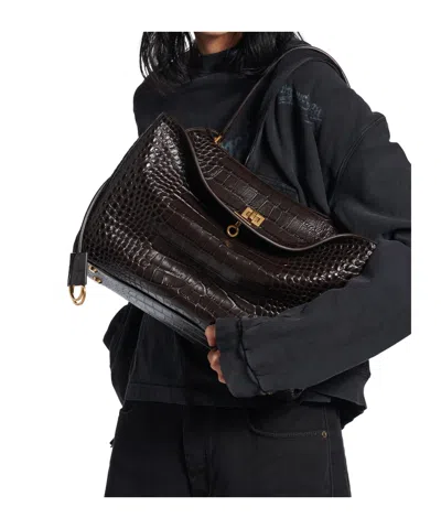 Balenciaga Rodeo Handbag In Crocodile-embossed Leather In Brown