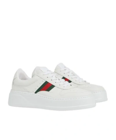 Gucci Women White Sneakers With Web Detail And Oversized Sole In Leather Woman