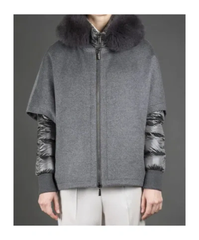 Moorer Short Cape In Dark Gray Cashmere Wool With Detachable Goose Down Jacket In Gray