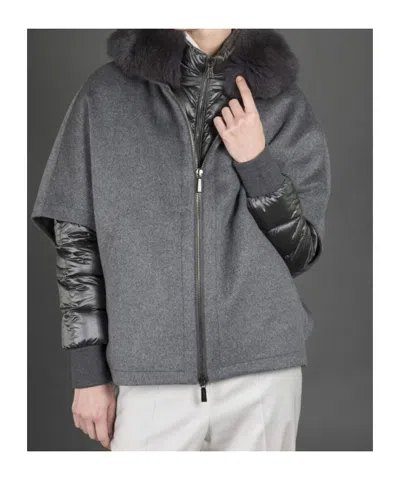 Moorer Short Cape In Dark Gray Cashmere Wool With Detachable Goose Down Jacket In Gray